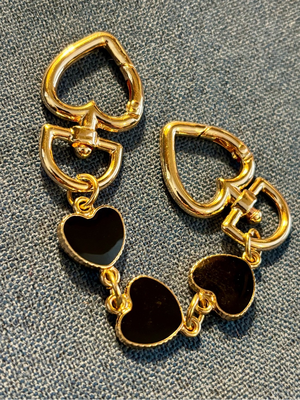 Gold Heart Link Bag Charm or Key Chain with Black Enamel Hearts